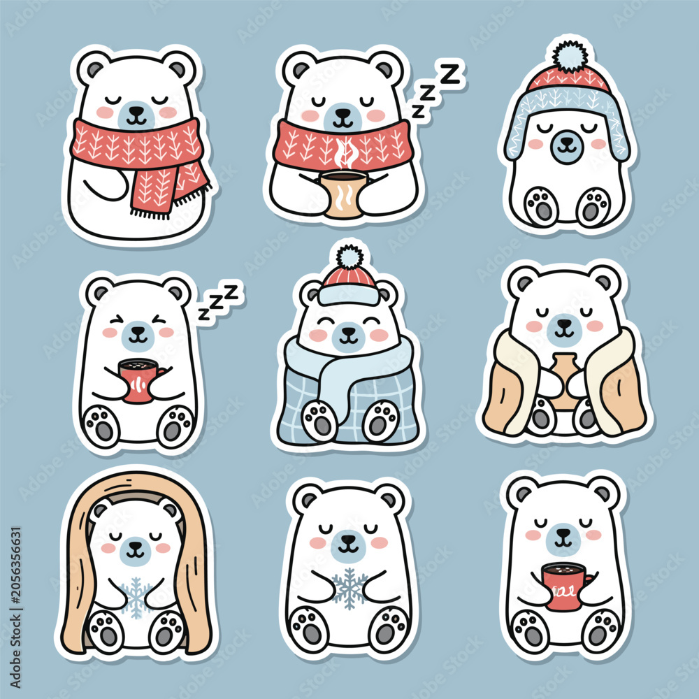 Obraz premium Cute polar bear sticker pack with cozy winter accessories