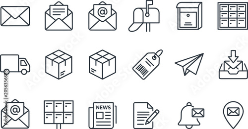 Logistics Shipping and Digital Mail Line Icon Set with Delivery Trucks, Parcels, Post Boxes, and Envelopes for E-commerce Websites and Contact Pages