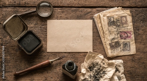 Vintage Writing Tools and Old Letters on Wood