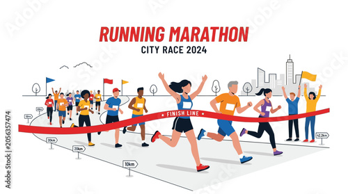 Marathon Runners Crossing Finish Line Banner Race City 2024 Celebration
