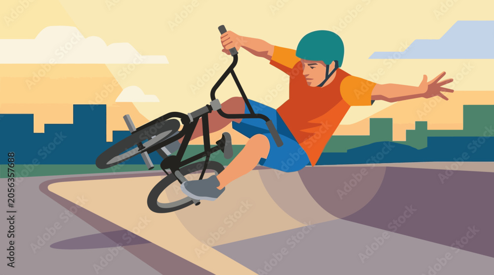 Naklejka premium BMX rider performing trick in skatepark with city skyline background