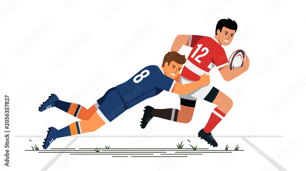 Fototapeta premium Rugby Player Tackling Opponent with Ball - Action Illustration