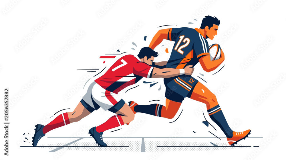 Obraz premium Rugby players in action: runner evades tackler, dynamic motion illustration
