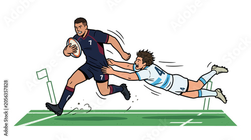 Rugby player scoring a try as opponent tackles him on the field