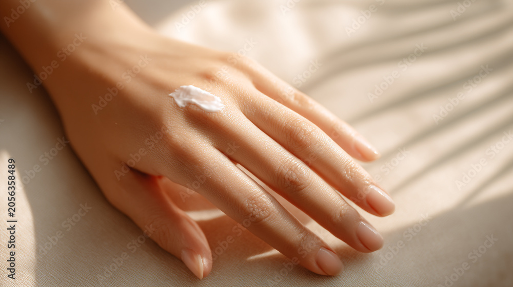 Naklejka premium close-up hand applying cream on smooth skin, soft natural light, clean beauty concept