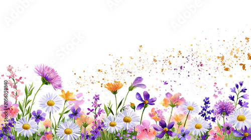 Watercolor wildflower border with colorful blooming flowers, daisies and floral splashes on white background, delicate botanical illustration with copy space for spring or summer design