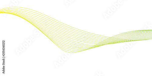 An abstract flowing wave of fine yellow and green lines creates a gentle, graceful curve on a clean white background, suggesting movement and fluidity.