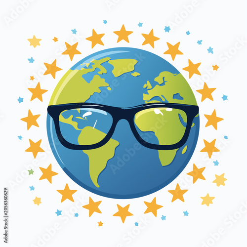 Cartoon Earth wearing glasses surrounded by stars