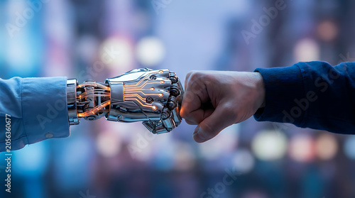 A human and a robotic hand performing a fist bump gesture representing collaboration and future technology.