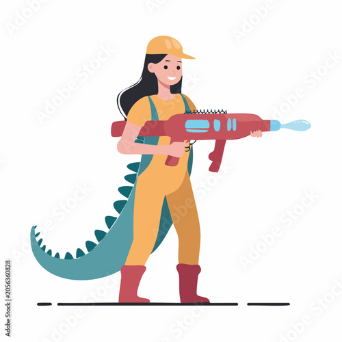 Girl in Dinosaur Costume Holding Water Gun