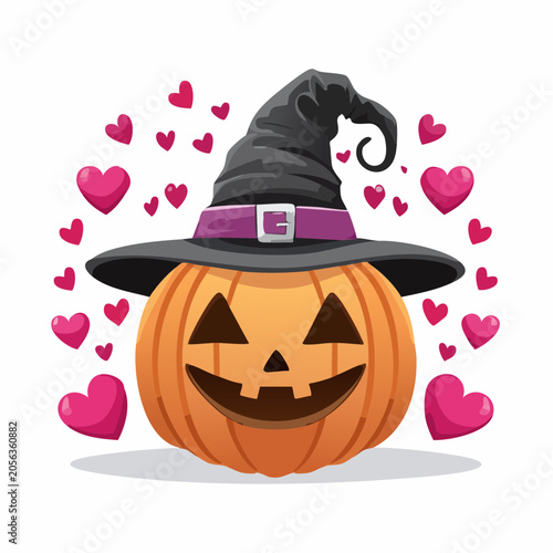 Happy Halloween Pumpkin with Witch Hat and Hearts