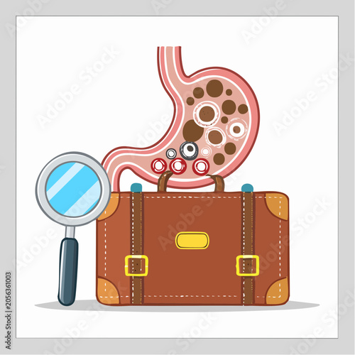 Stomach Investigation with Magnifying Glass and Suitcase
