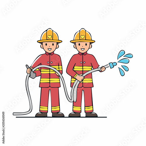 Two Cartoon Firefighters Holding a Hose with Water Spraying