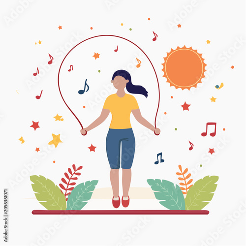 Woman Jumping Rope Outdoors with Music and Sun