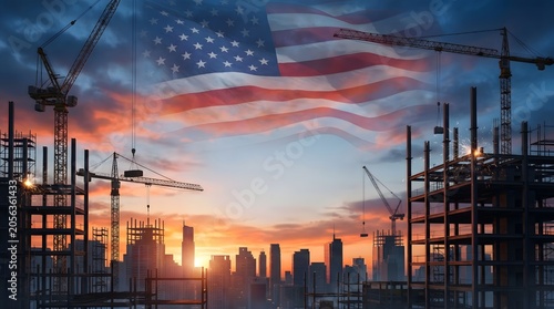 Labor day construction skyline american flag over city building workers