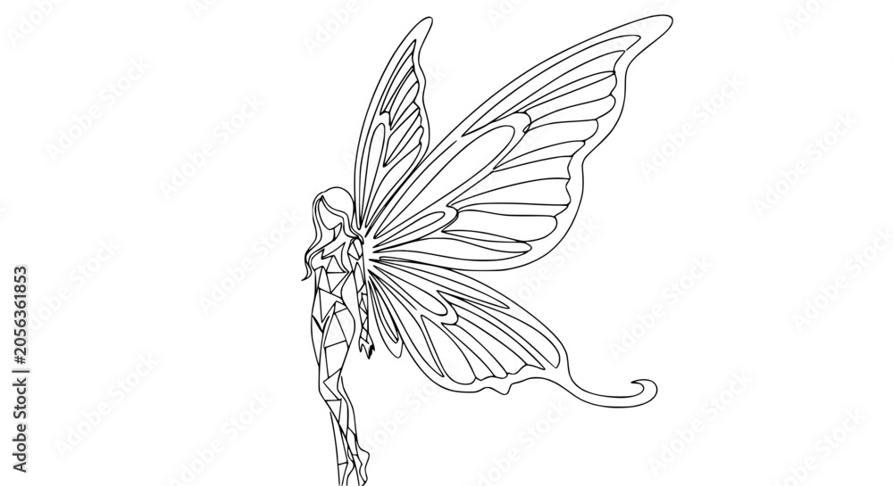 Obraz premium Elegant Fairy Line Art Drawing with Butterfly Wings