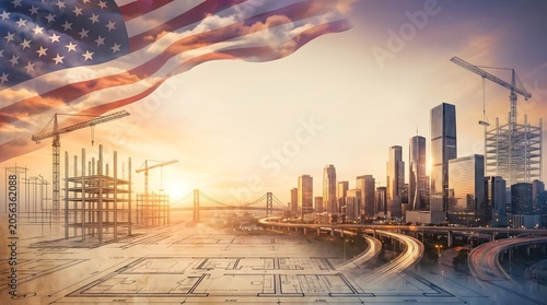 Labor day celebration american construction cityscape and patriotic flag overlay