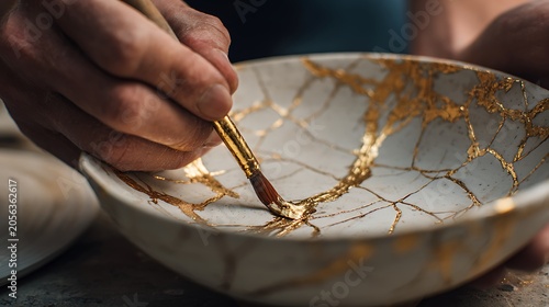 Kintsugi artisan repairing a broken ceramic bowl with gold lacquer.