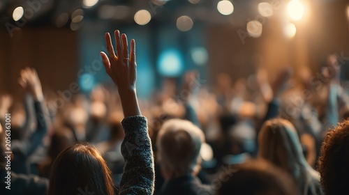 Audience members raising hands at a conference event.