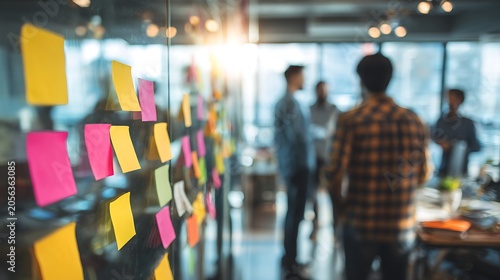 Business team collaborating on a project with colorful sticky notes in a modern office.