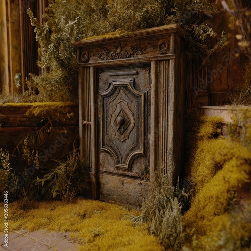 Ornate wooden cabinet surrounded by dried plants and moss.