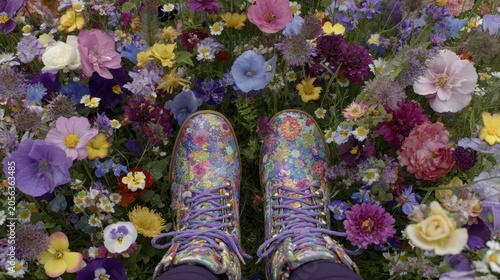 A Blooming Perspective: Step into a vibrant world where colorful boots stand amidst a rich tapestry of wildflowers, creating a picturesque scene of nature's beauty and wonder.