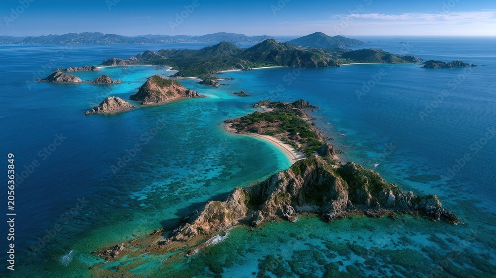 Naklejka premium Aerial view of turquoise waters and rugged islands