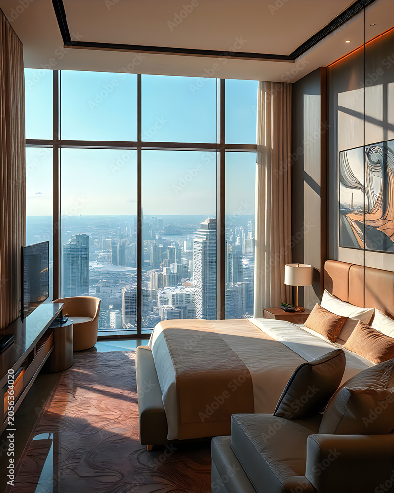 Obraz premium Luxury modern penthouse bedroom interior with floor to ceiling windows and city skyline view