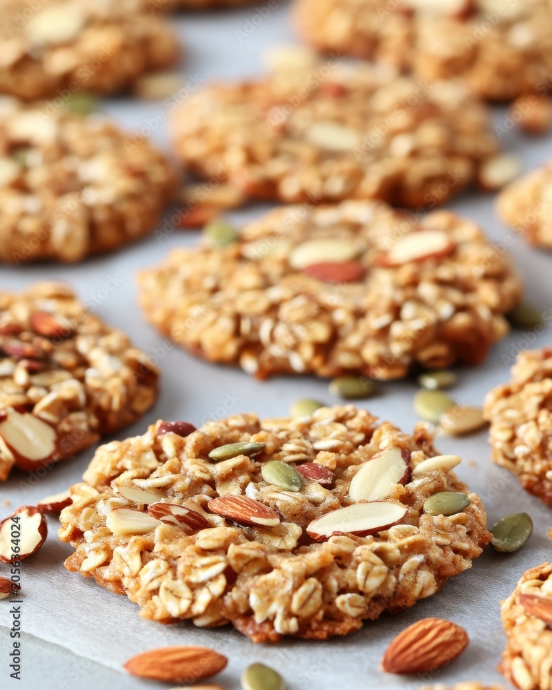 Fototapeta premium Close up of delicious oatmeal cookies with nuts and seeds