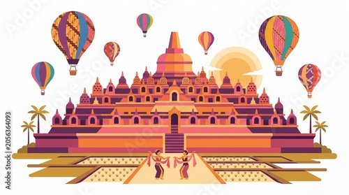 Majestic Temple and Hot Air Balloons: An ancient, intricately designed temple stands proudly amidst lush greenery, with a vibrant sunrise or sunset illuminating the sky.