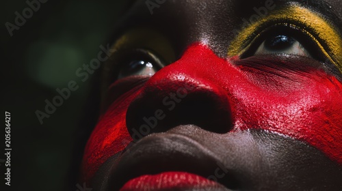Tribal Warrior Portrait: A striking close-up captures the intensity of a person adorned with vibrant face paint, embodying cultural heritage and tradition.