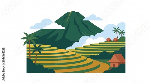Tropical Landscape Illustration: A vibrant illustration depicting lush, tiered rice terraces cascading down a hillside, with a majestic green mountain in the background, palm trees.