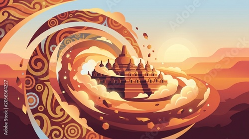 Borobudur Temple Sunrise Swirl: An artistic interpretation of Borobudur Temple, bathed in the warm hues of sunrise, with a swirling.