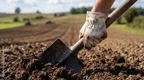 Man digging soil with shovel in agricultural field. Farmer preparing land for spring season planting. Manual labor on farm.