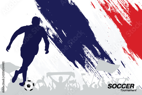 Dynamic soccer tournament poster featuring a football player silhouette, cheering fans, and brushstroke tricolor background inspired by French national colors.