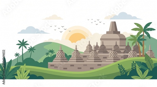 Borobudur Temple Sunrise: An illustration of Borobudur temple at sunrise, with lush tropical greenery and rolling hills.