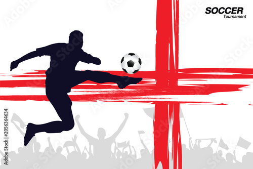 Dynamic soccer tournament poster featuring a football player silhouette kicking a ball with England flag brush strokes and cheering crowd background.