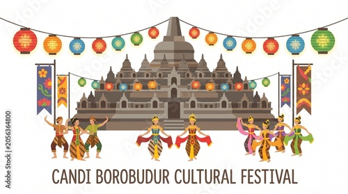 Borobudur Cultural Festival: A vibrant depiction of the Borobudur Cultural Festival, showcasing traditional dancers performing in front of the magnificent ancient temple.