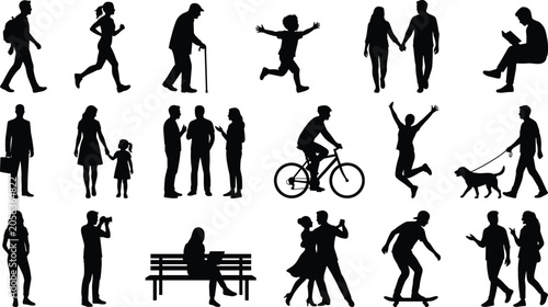 Billede på lærred Collection of black silhouettes of people engaged in various activities on a whi