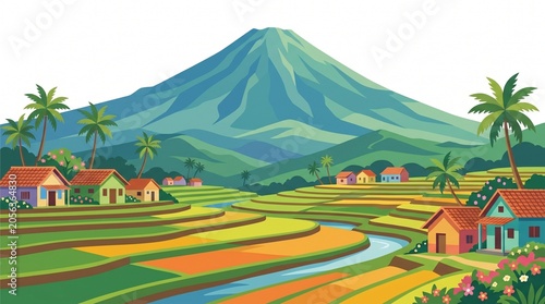 Tropical Village Vistas: A picturesque panorama of a tropical village nestled amidst vibrant terraced rice paddies.