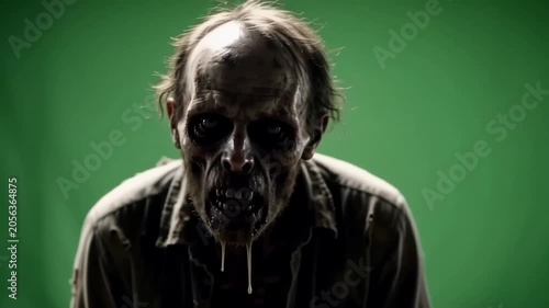 Zombie walking in abandoned industrial warehouse, eerie atmosphere, horror concept