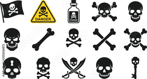 Obraz na plátně Collection of black skull and crossbones danger sign, poison bottle, and pirate