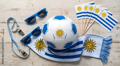 Uruguay football fan kit: soccer ball, scarf, flags, and sunglasses on wood