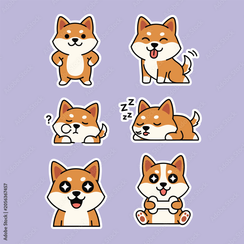Fototapeta premium Cute shiba inu puppy sticker pack with various happy expressions