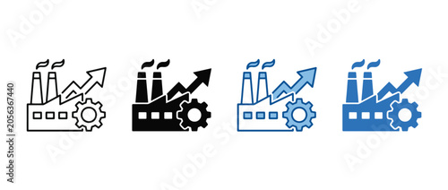Factory production icon set. industrial plant with gear and arrow. manufacturing growth concept. vector illustration. Adobe Illustrator Artwork