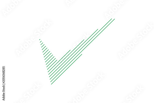 abstract light green vector icon of a check mark symbol, uniquely constructed from multiple thin parallel diagonal lines, isolated on a solid white background
