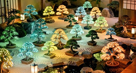 Exquisite Japanese zen garden featuring miniature bonsai trees glowing with colorful fairy lights.

