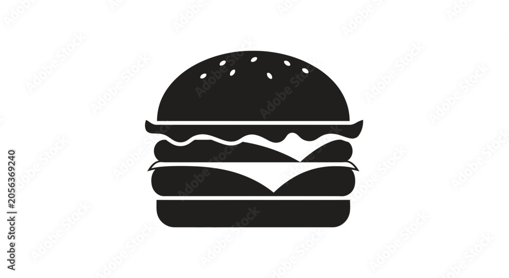 Fototapeta premium Hamburger icon serves as a universal symbol for fast food, dining services, and mobile menu navigation, featuring a clean black silhouette design perfect for modern digital user interfaces.