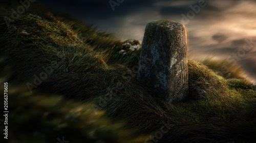 A weathered stone marker stands amidst tall grass on a hilltop.
