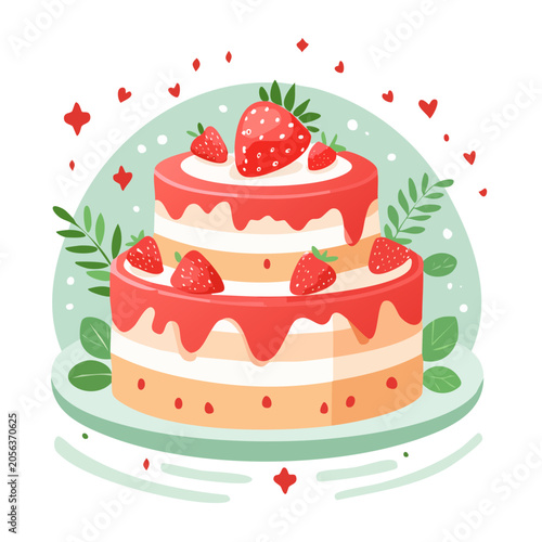Strawberry cake with leaves and sprinkles